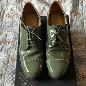 Angela Scott Olive Green Patent Leather Women's Loafers